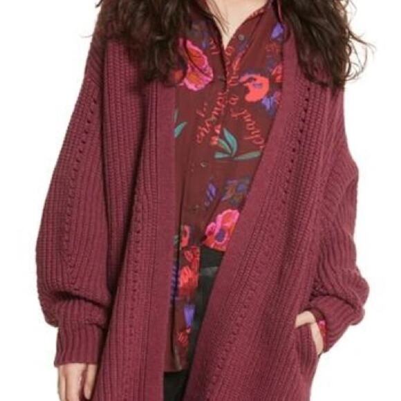 Free People | Women’s Nightingale Cardi Cardigan Wine Maroon Chunky Knit Open S - Picture 3 of 12